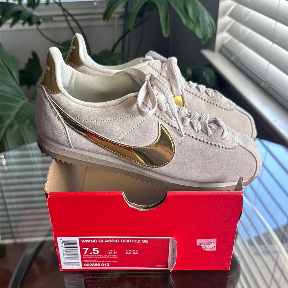 Nike Women's Classic Cortez SE Beige and Gold Shoes